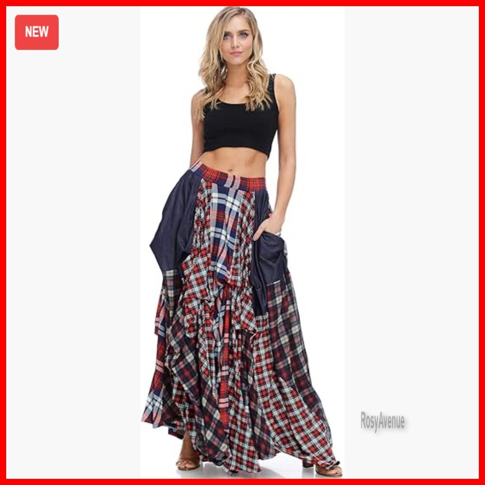 Maxi Skirt High Rise Elastic Waist Plaid Print Floor Length Relaxed Fit